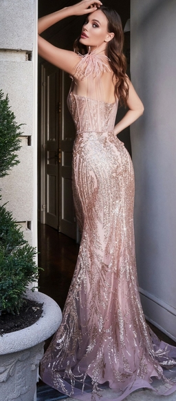 Black, silver, rose gold fitted glitter lace pattern gown - Picture 6 of 12